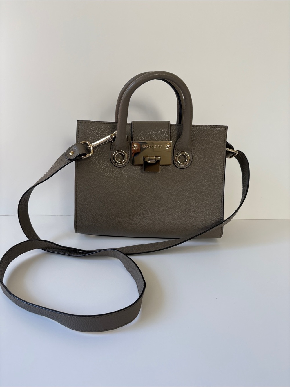 Jimmy Choo Taupe Gray Pebbled Leather Satchel with Strap